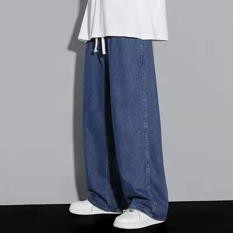 Korean Fashion Men's Baggy Jeans Elastic Waist Classic olid Color