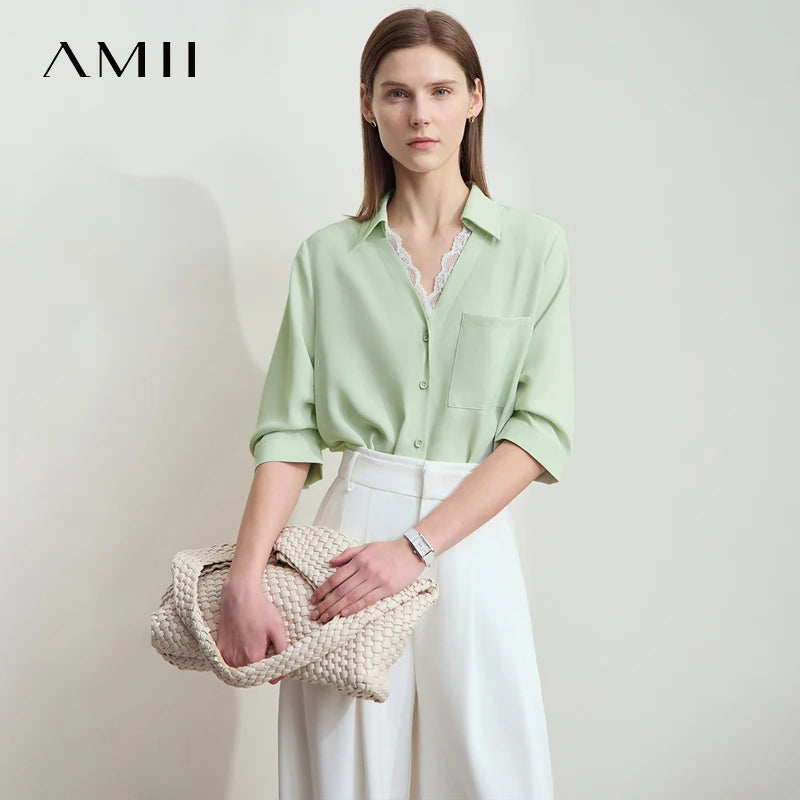 AMII Office Lady Summer Blouses Women 2025 Solid V-neck Five-quarter