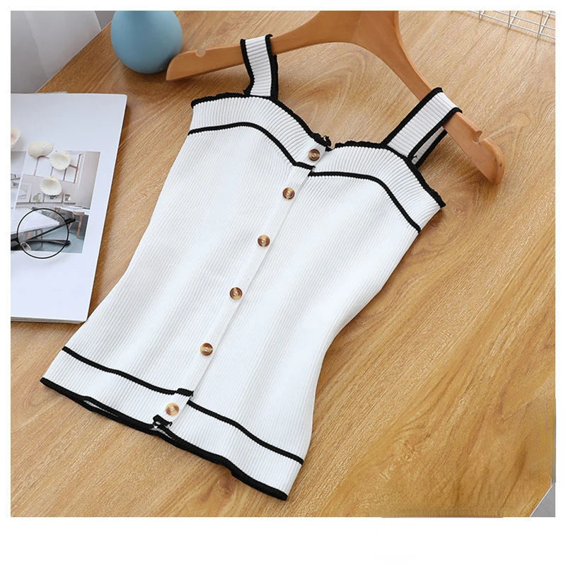 New Knit Tank Top Button Crop Tops Sexy Women Summer Camis Backless