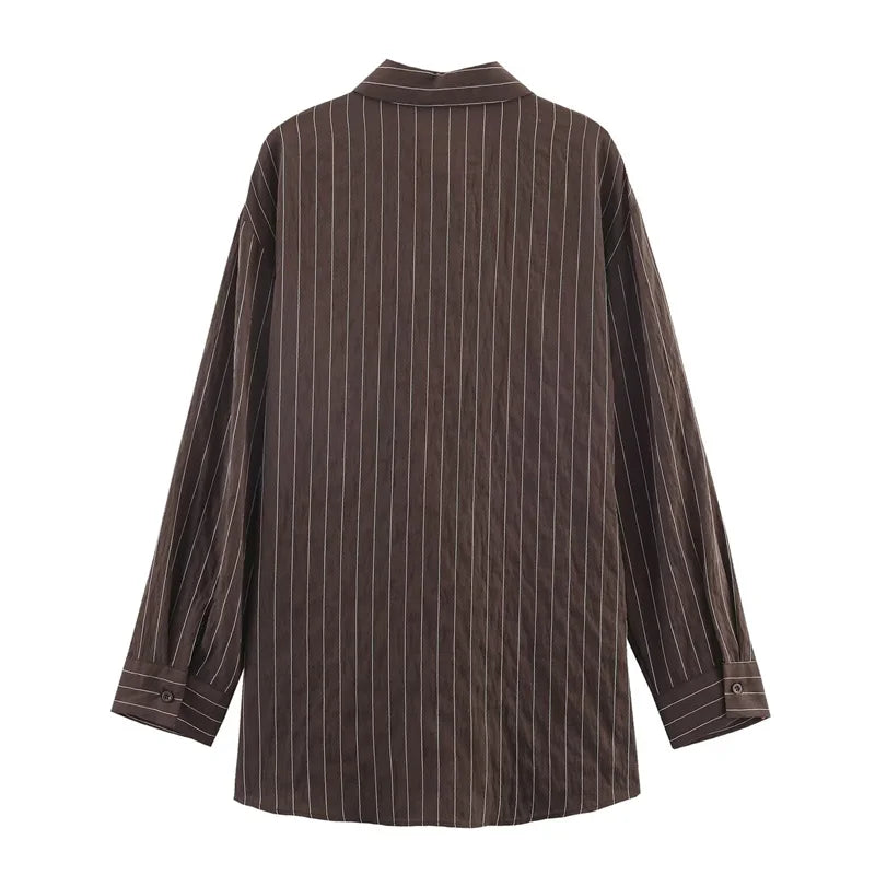 Women's Shirt 2025 Winter New Style Reddish-Brown Striped Long-Sleeve