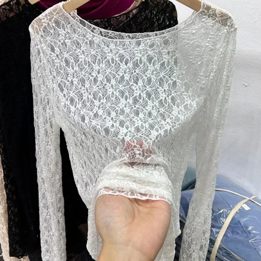Sexy and slightly transparent black lace shirt women long sleeved