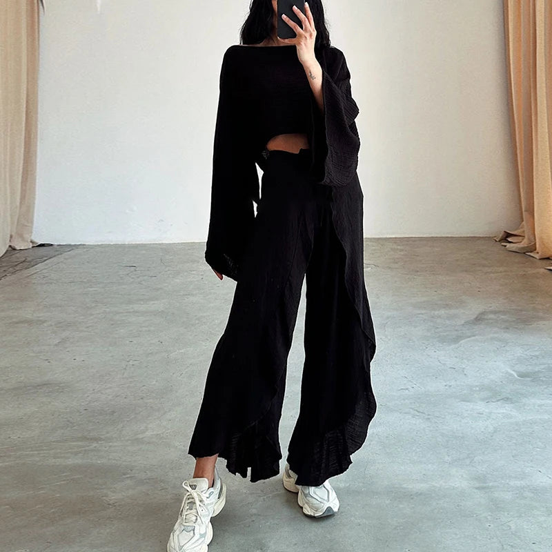 Spring Casual Solid Cotton Linen Suit Summer O Neck Crop Top+Lace-up