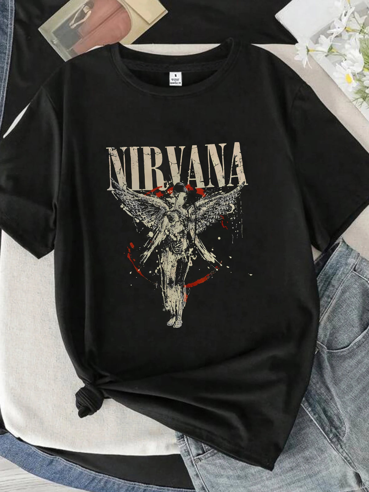【0933】  Letters and angels Round neck women's T-shirt short sleeves