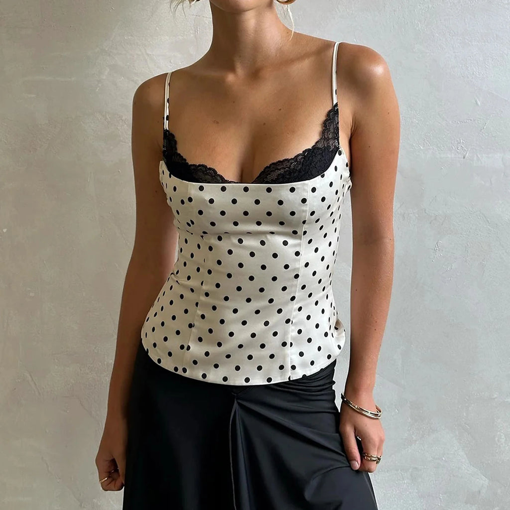 SUCHCUTE Chic Lace Patchwork Polka Dot Camis Tops Elegant Sleeveless