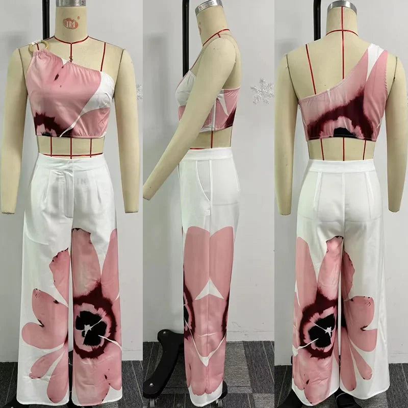 Floral Print Summer Two Piece Set Women Holiday One Shoulder Crop Top