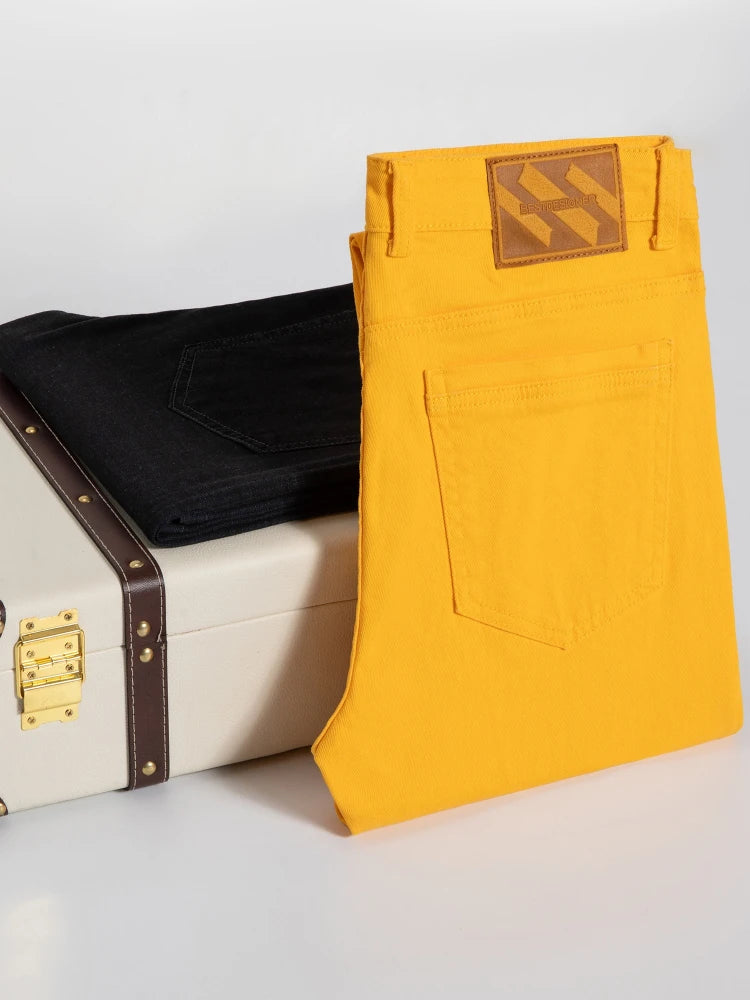 Bright Yellow Straight Leg Jeans Men Hip Hop Streetwear Casual Denim