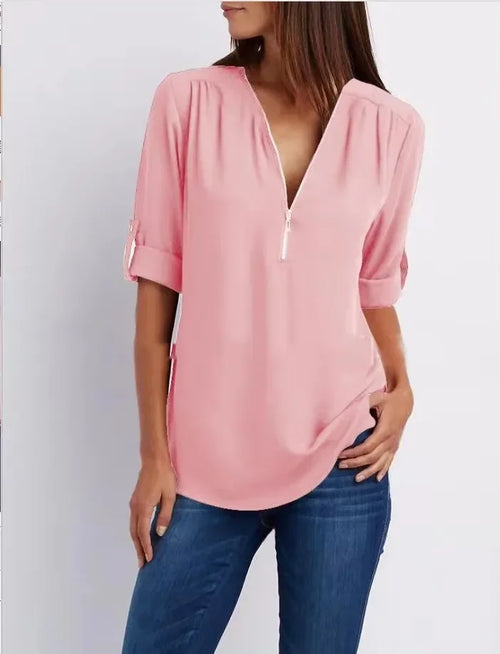 2024 Hot Sale Women Cool Loose Shirt Deep V Neck Chiffon Fashion