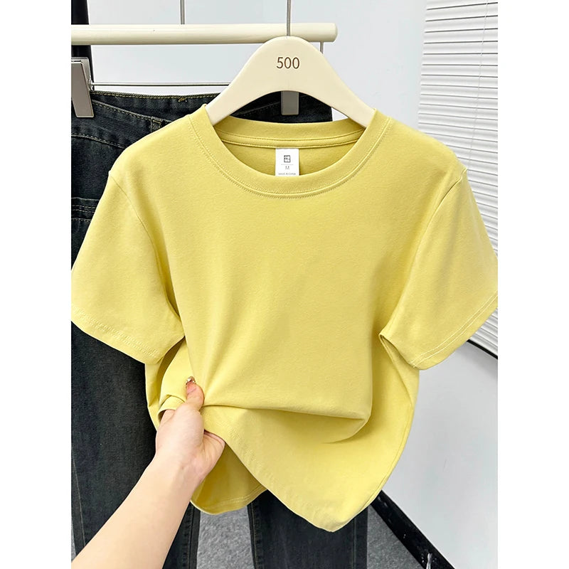 Women's T Shirt Summer 220g Cotton Tops Women Solid Color Blank