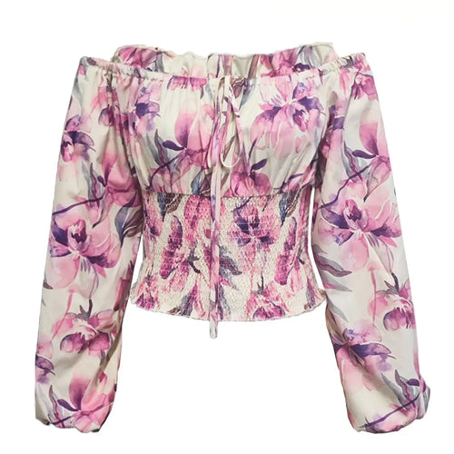 Women Clothes Floral Print Off Shoulder Puff Long Sleeve Smocked