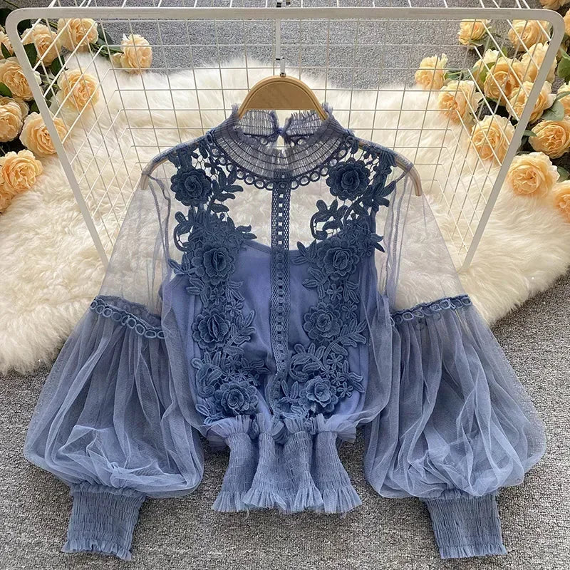 Lace Puff Long Sleeve Blouse Vintage Fashion Blouses Elegant Femme