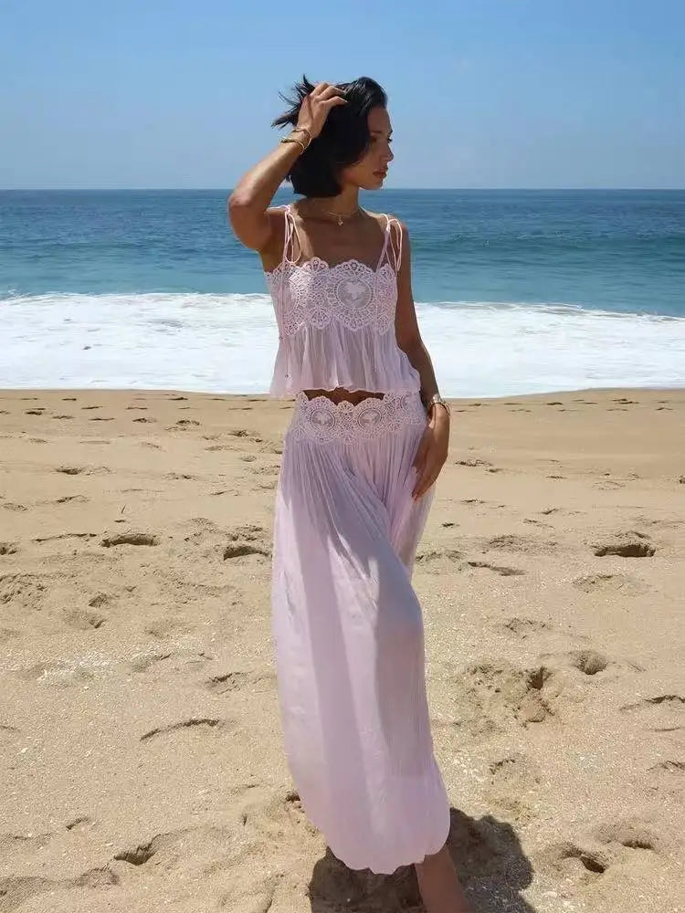 Beach Floral Lace Hollow Out Women's Pants Sets Ruffles Spaghetti