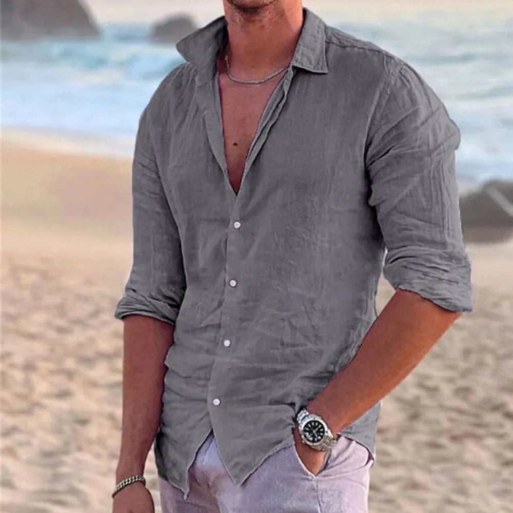 2023 New Men's Shirt Cotton linen Fashion Casual Polo Neck Beach Shirt