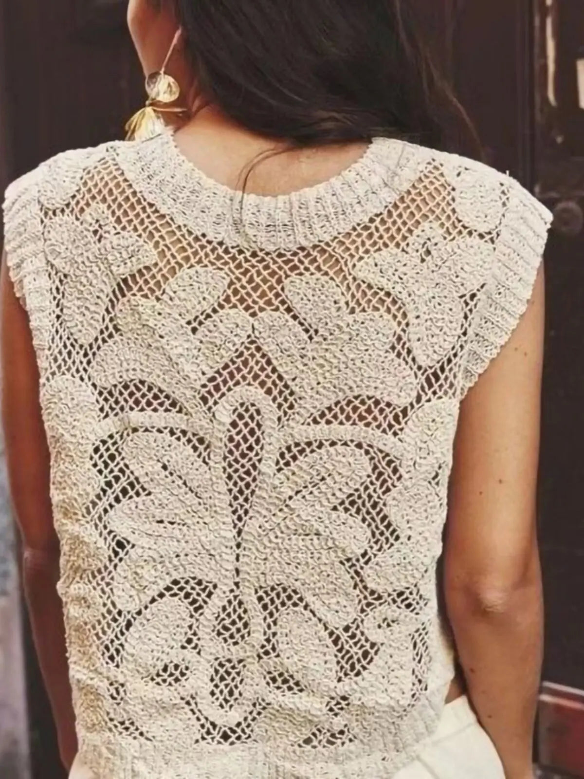 Boho Crochet Vest Top Women Sleeveless Semi-Sheer Open Knit Lace