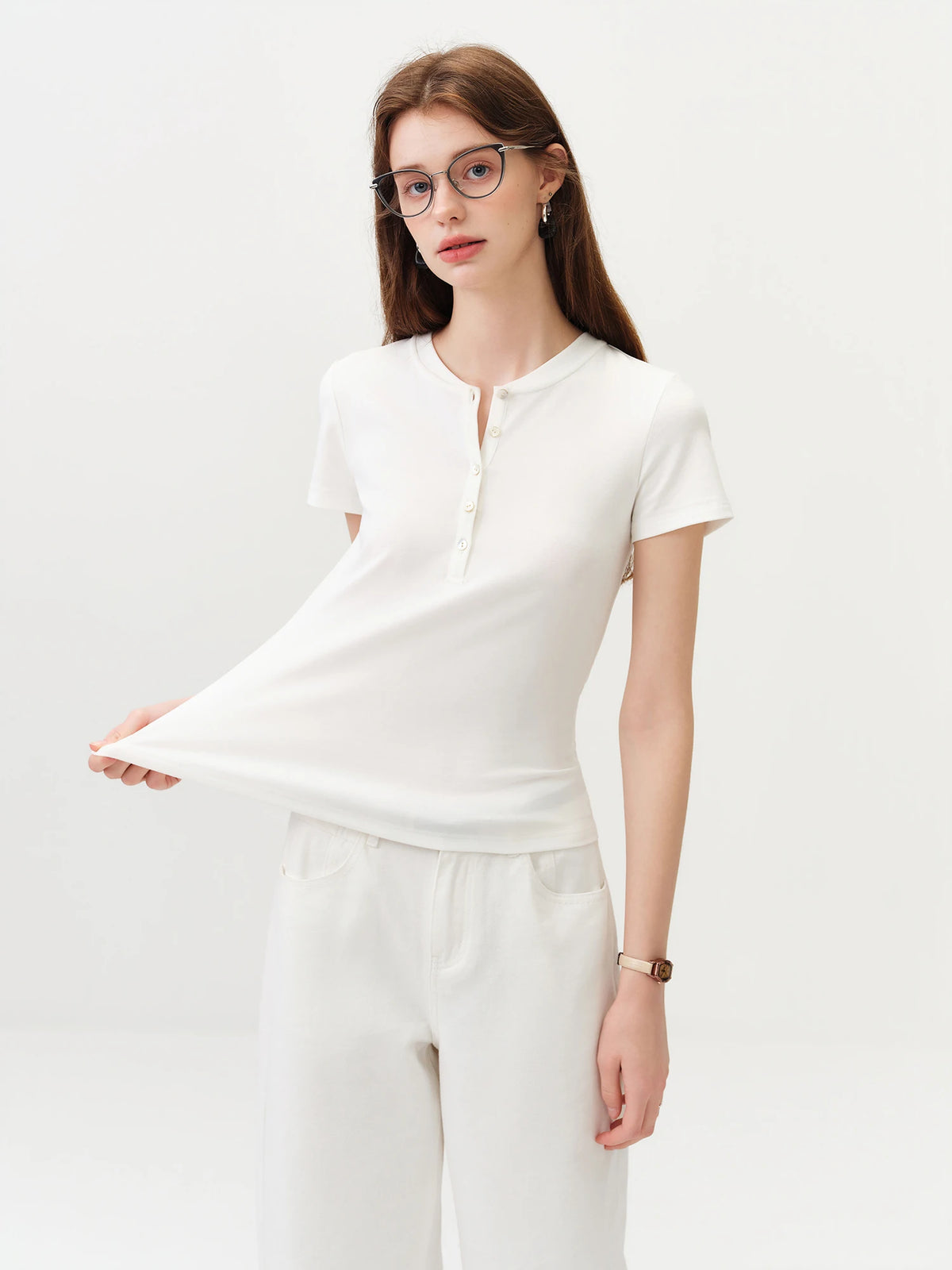 FSLE New Summer Women's Fitted Short Sleeve White T-Shirt with Buttons