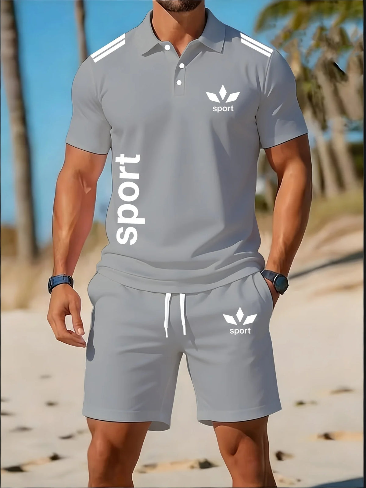 Men 2Pcs Set Short Sleeve Lapel Polo Shirt Drawstring Elastic Waist