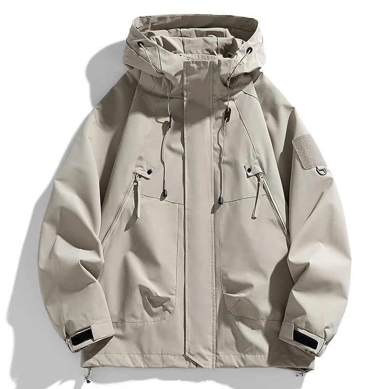 Windbreakers Men Hooded Jacket Zipper Coat Cargo Waterproof Black