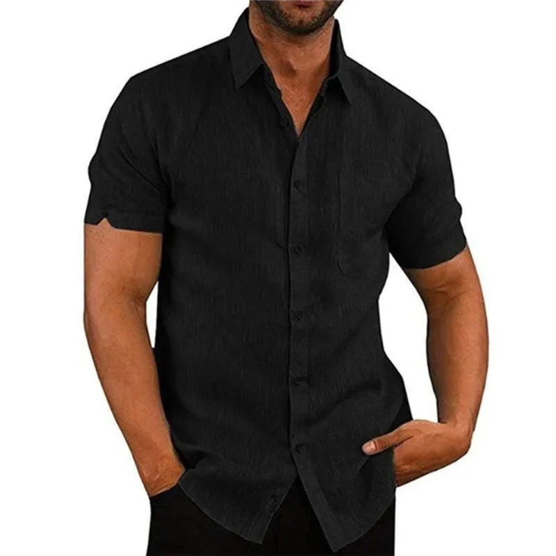Summer Polo Collar Solid Short Sleeve Button Men's Shirt Men's