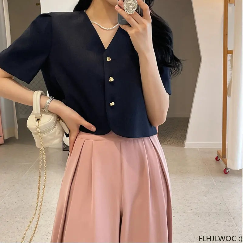 Chic Korea Short Crop Tops Blouses New Design Women Japan Girls Office