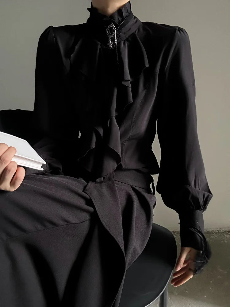 Harajuku Vintage Women Bottoming Shirt Stand Collar Ruffles Slim Fit