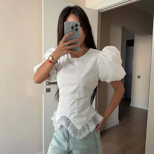 Tossy White Lace Lace-Up Shirts Top Women Short Sleeve Fashion