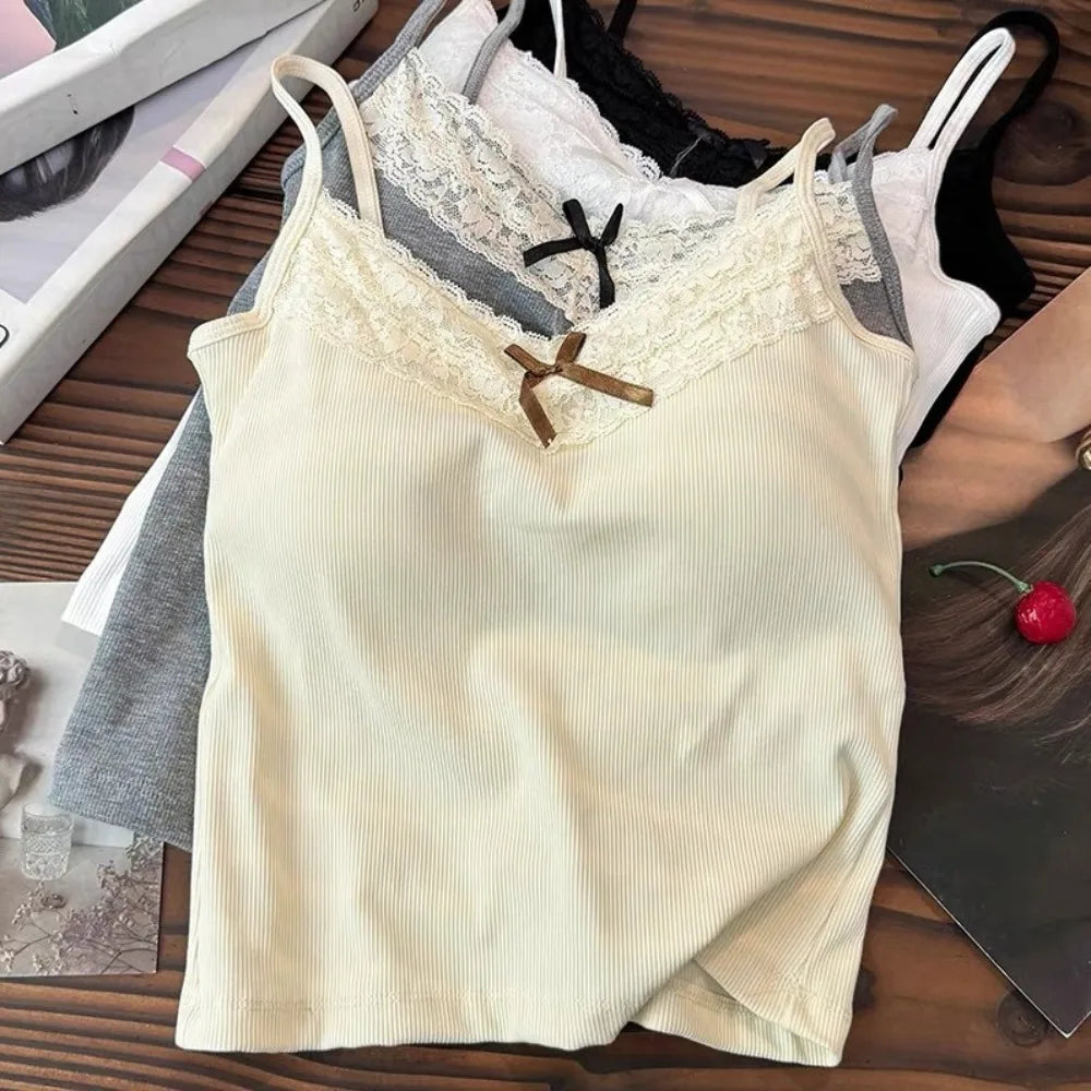 Bow Decoration V Neck Slim Tank New Skin-friendly Sexy Back Lace Trim