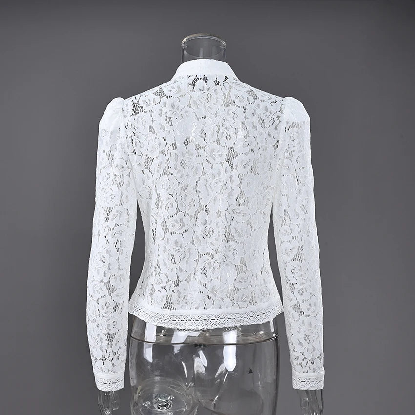 Linad Elegant Embroidery Puff Sleeve White Shirts Summer Sexy Hollow