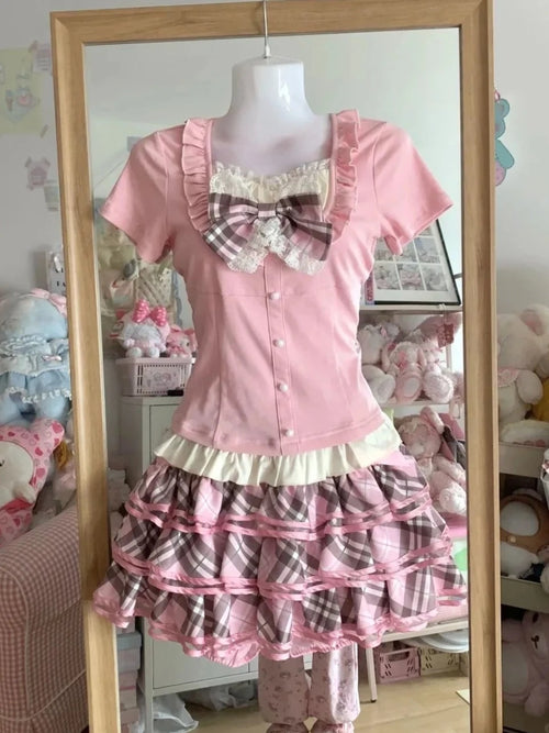 Japanese Sweet Three Piece Set Women Lace Bow Blouse + Cami Top +