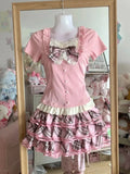 Japanese Sweet Three Piece Set Women Lace Bow Blouse + Cami Top +