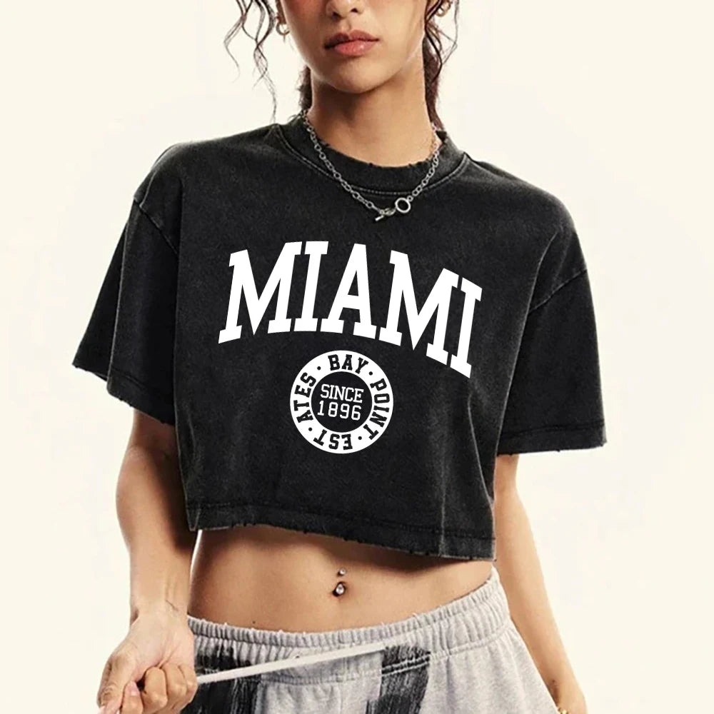 Women'S Cotton Washed T-Shirts Summer Distressed Regular Fit Crop Tops