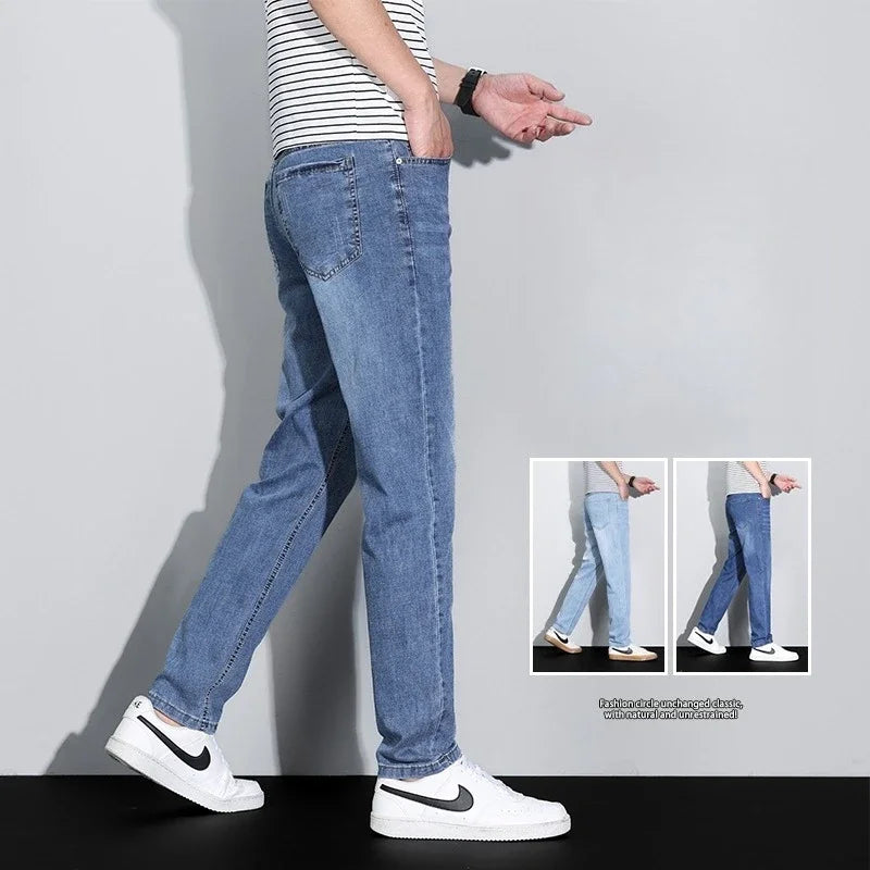 Men's Ice Silk Denim Cargo Pants Summer New Thin Business Casual Jeans