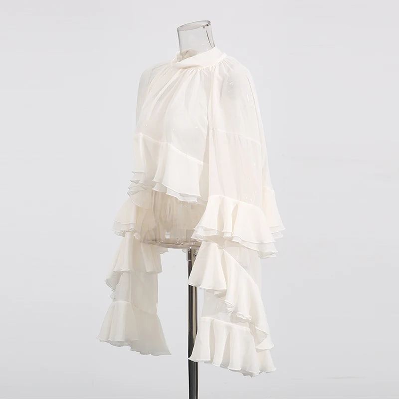 TWOTWINSTYLE Solid Loose Sheer Blouses for Women High Neck Long