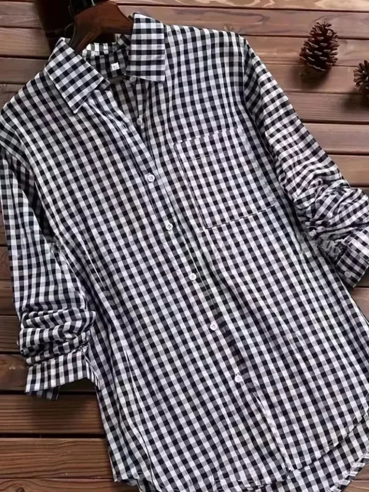 Plus Size Plaid Women's Cotton Linen Long Sleeves Roll Up Striped