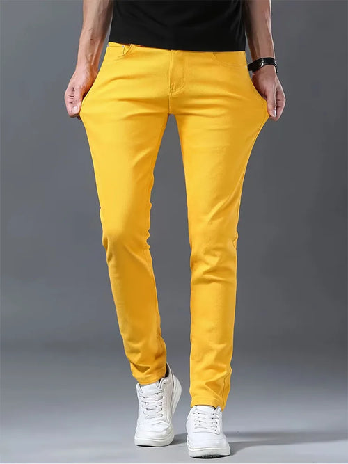Bright Yellow Straight Leg Jeans Men Hip Hop Streetwear Casual Denim