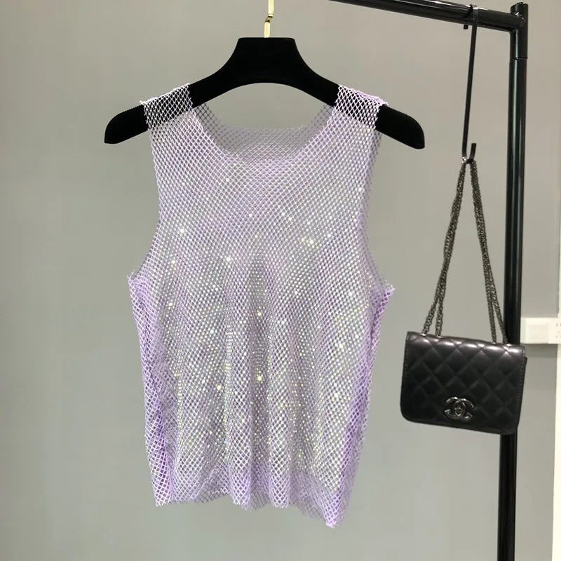 Crystal Beading Shiny Tanks Party Club Sexy Hollow Out Diamonds