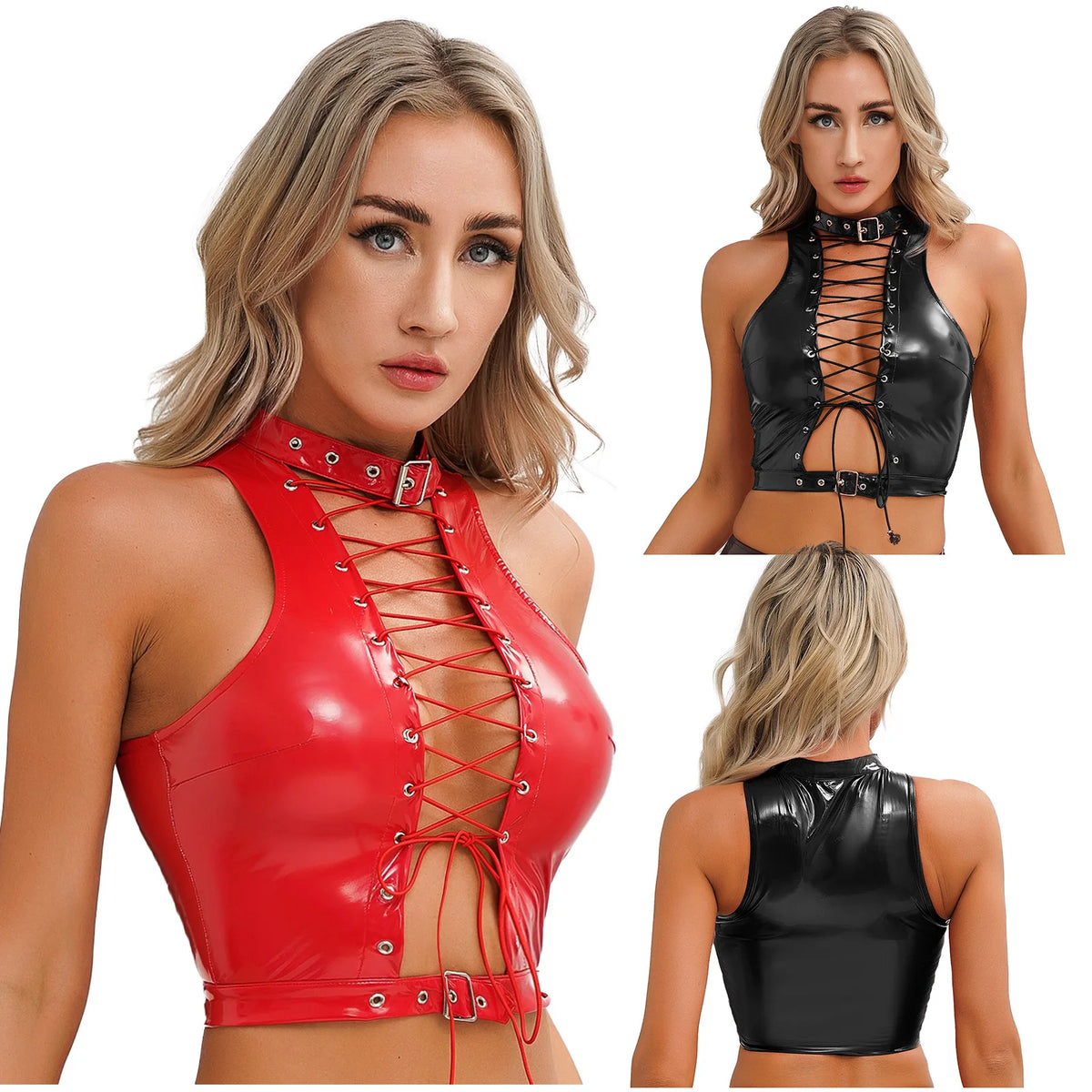 Women's Patent Leather Sleeveless Crop Tops Gothic Punk Corset Top