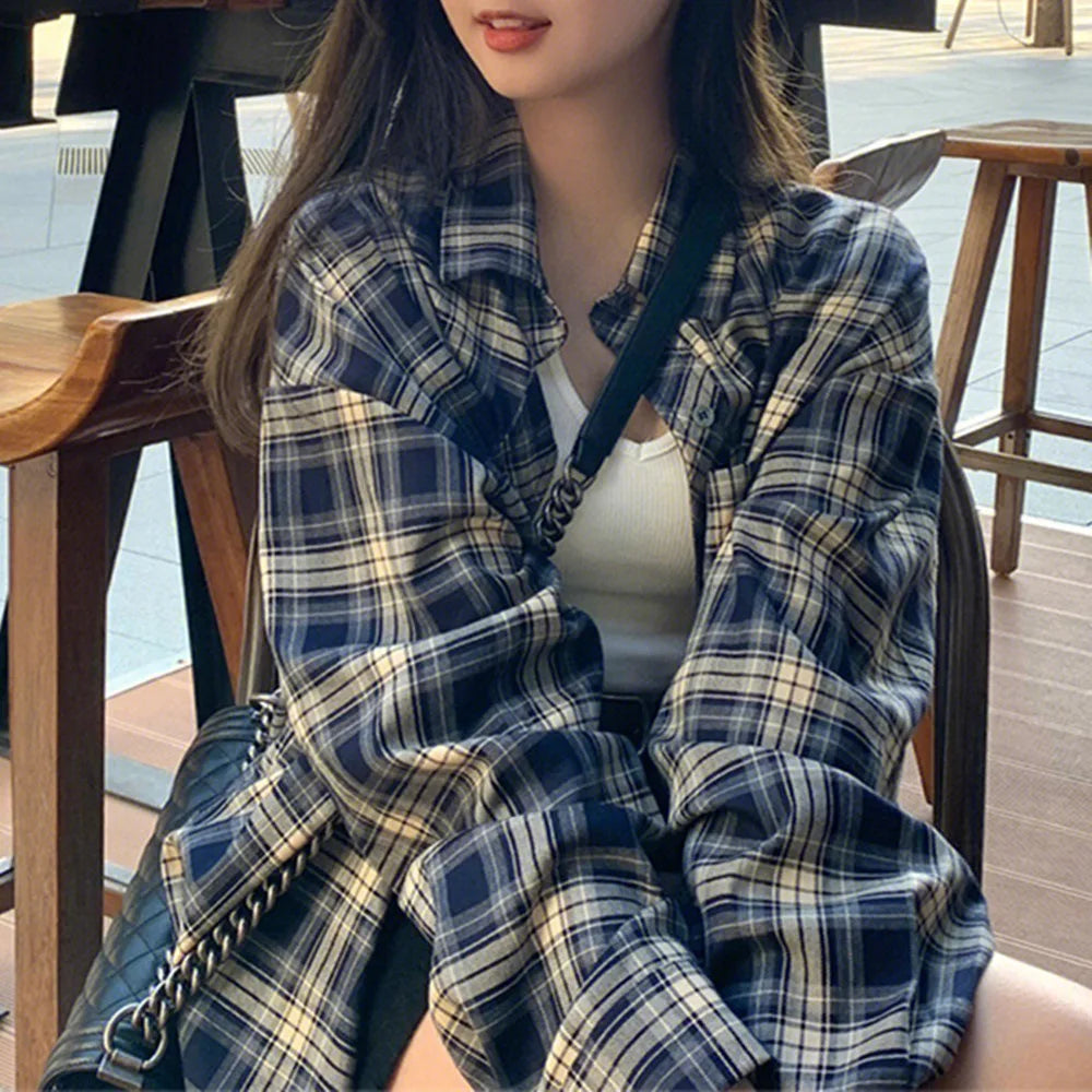 Korean Plaid Blouses for Women Fashion Long Sleeve Check Shirt Ladies