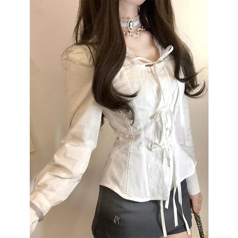 Kawaii Cropped White Shirts Women Fashion Cutecore Lace Bandage
