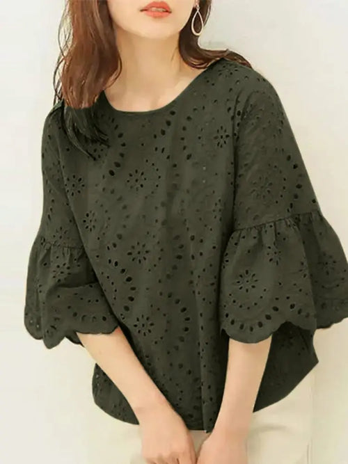 ZANZEA 3/4 Ruffle Sleeve Loose Blusa Women Hollow Out Lace Patchwork