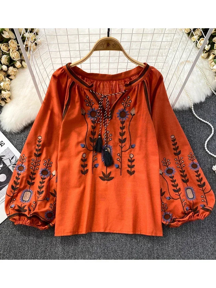 Women Spring Blouse Ethnic Style Retro Literature Loose Embroidered