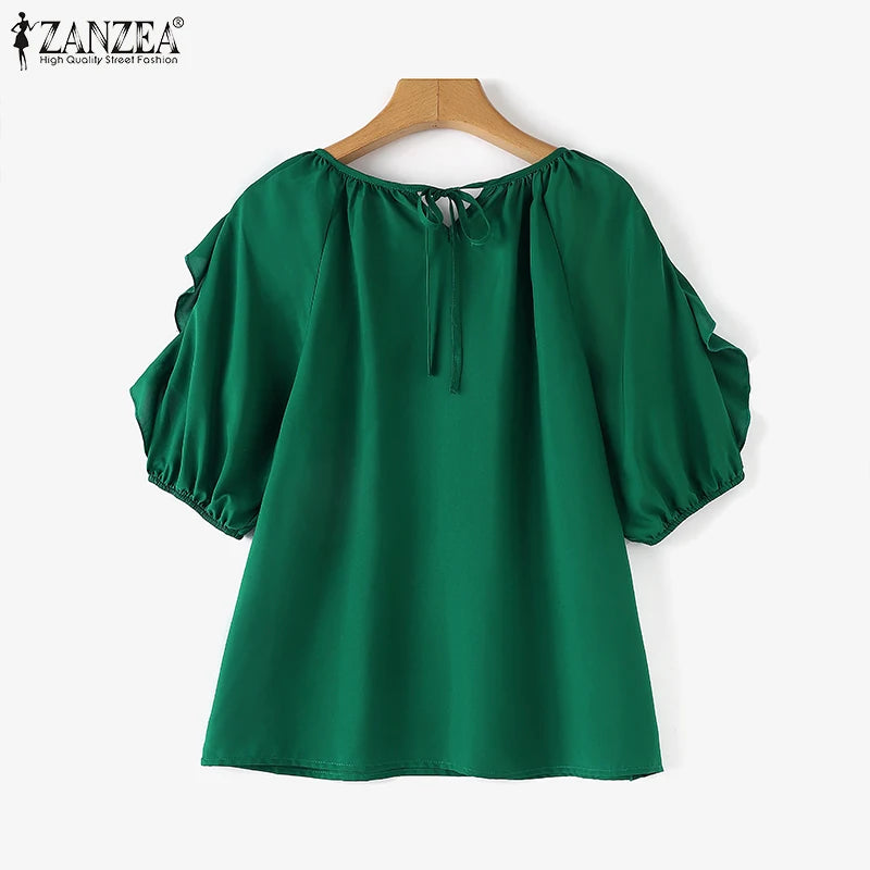ZANZEA Women Cold Off Shoulder Blouse Fashion Ruffle Half Sleeve Tops