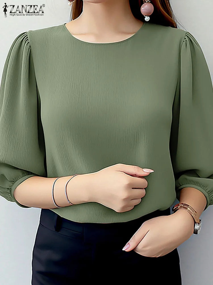ZANZEA Elegant Women Puff Sleeve Blouses 2025 Summer 3/4 Sleeve O Neck