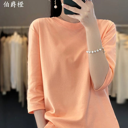 Summer Cotton Short-Sleeved T-Shirt Women's Round Neck Seven-Point