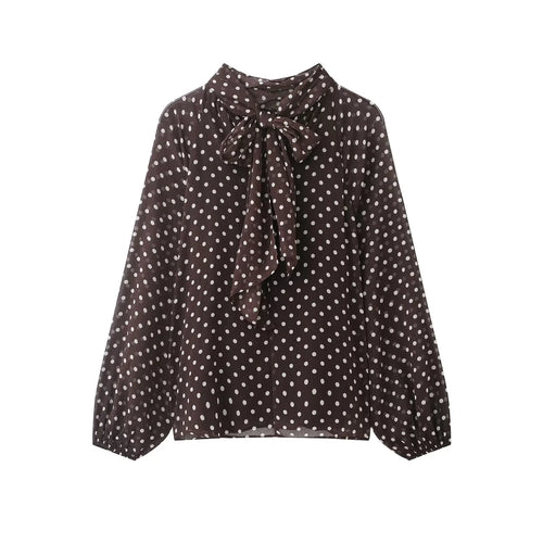 KONDALA Casual Chic Polka Dot Shirts Women Bow Tie Long Sleeve White