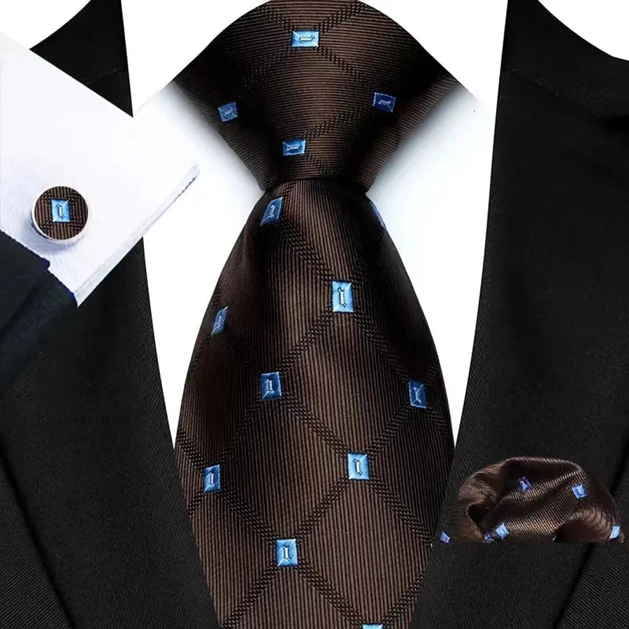 Men's Ties Handkerchief Cufflinks Set Tuxedo Accessories Luxury Brown