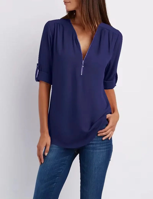 2024 Hot Sale Women Cool Loose Shirt Deep V Neck Chiffon Fashion