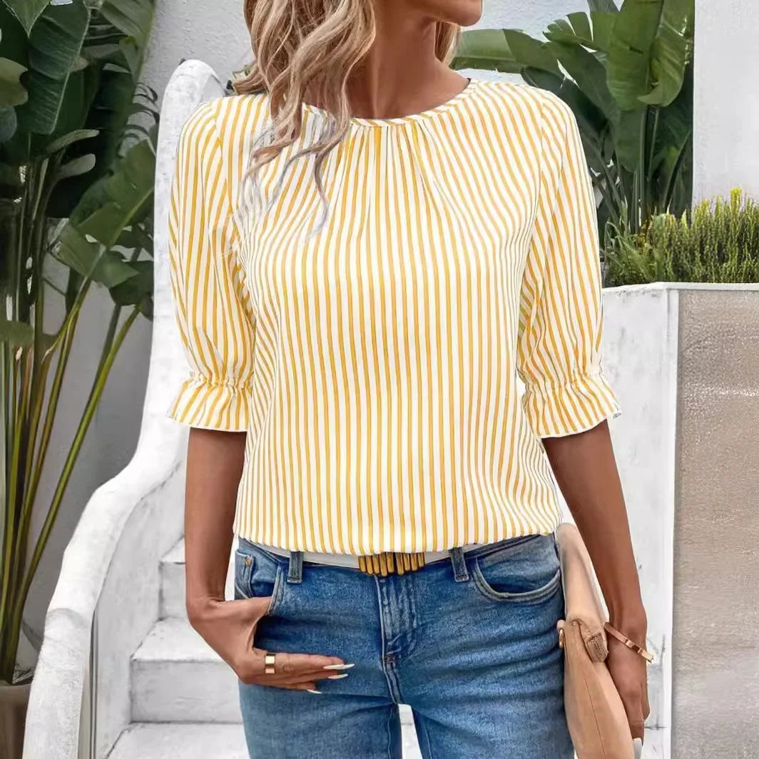 2025 Summer Women's Short-sleeved Shirt O-neck Button Fashion Striped