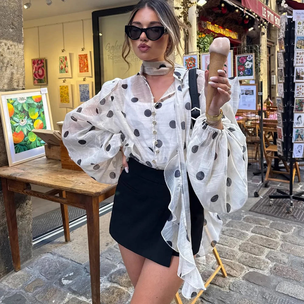 Ticketsx Polka Dot Ruffled Shirts Fashion Contrast Lace Up See Through