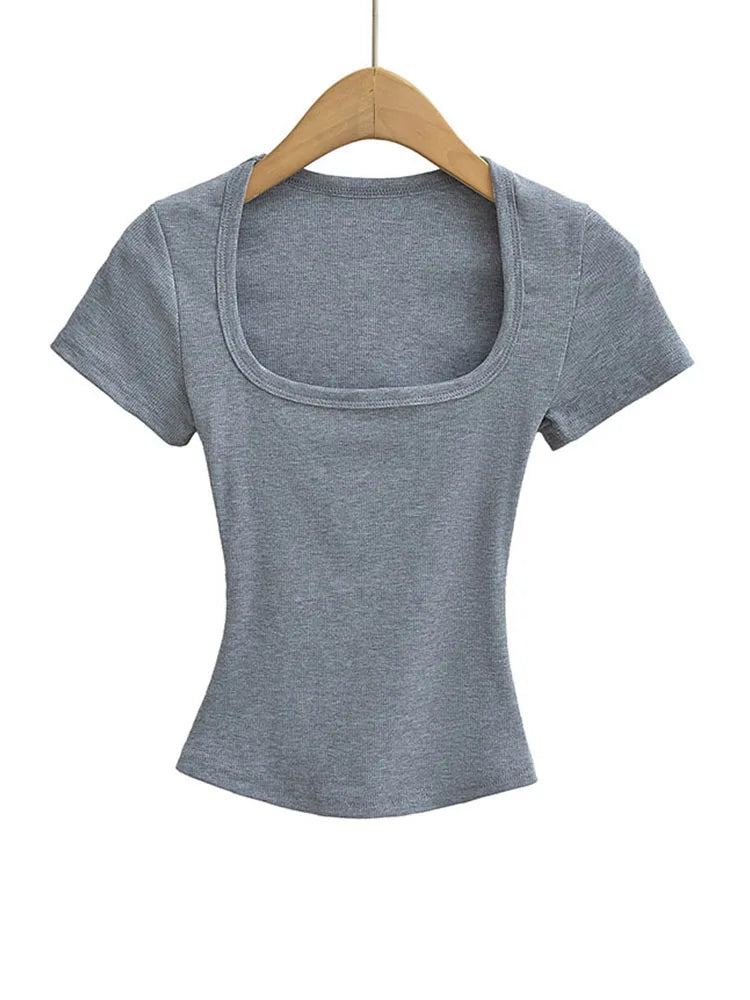 Square Collar High Stretch Summer Crop Tops Women Short Sleeve Tops