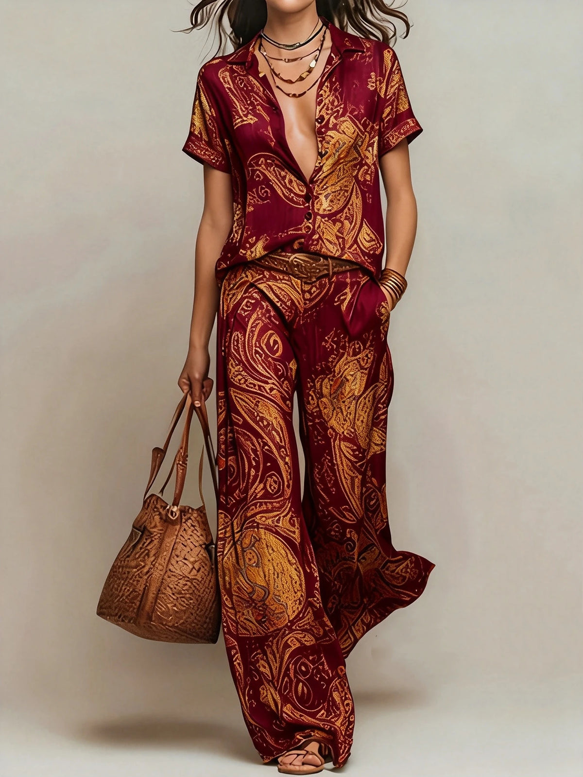 Women's Boho Paisley Print Two-Piece Set V-Neck Short Sleeve Blouse