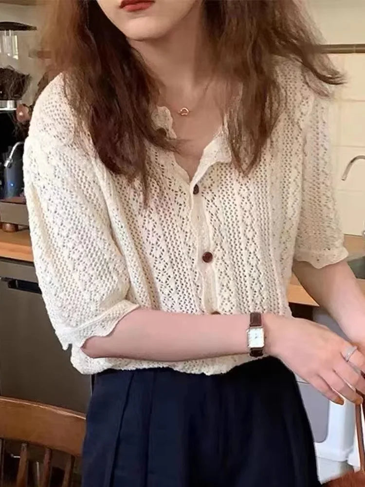 New Fashion Knitted Short Sleeve Women Shirts Summer Casual Loose
